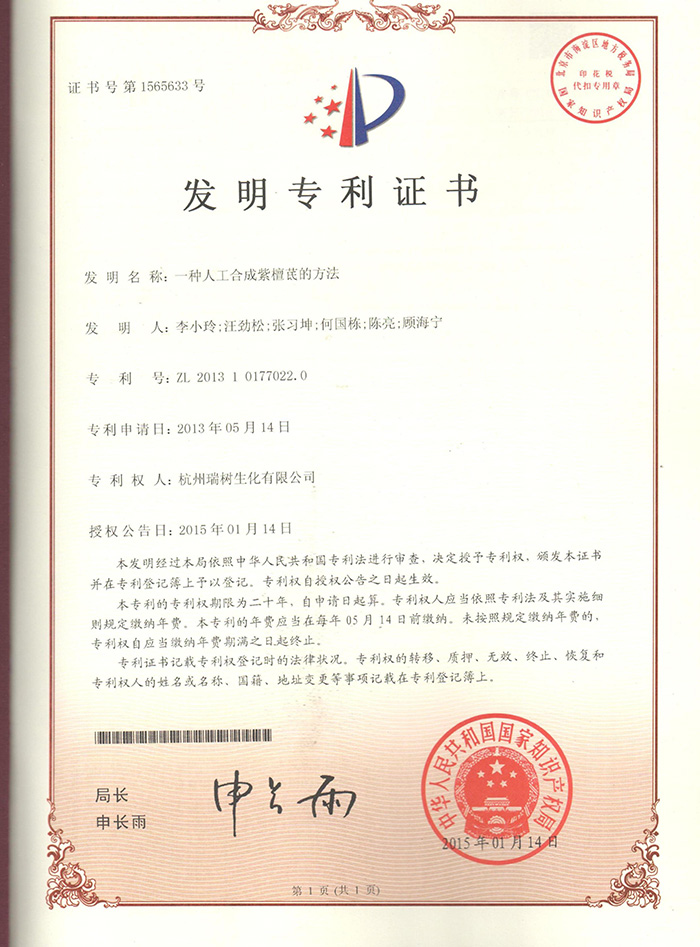 Pterostilbene patent certificate